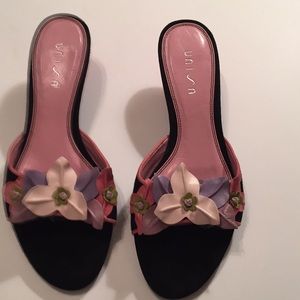 Black Suede with Leather Flowers Mule